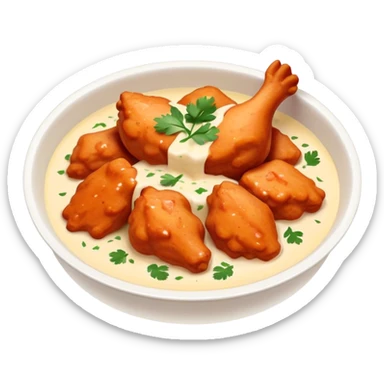 Butter Chicken Cinematic Realistic Butter Chicken Dish Emoji, depicted as tender chicken pieces sliced up and bathed in a creamy white sauce garnished with fresh cilantro, rendered with rich textures and vibrant, appetizing lighting. sticker