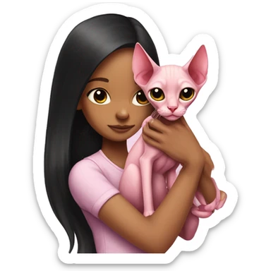 pink sphinx cat in the arms of a girl with long black hair sticker