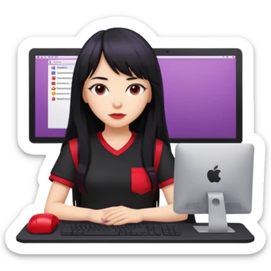 lilac girl with long hair and bangs worker and acessories with a pc worten the clothes black like an alternative bue the shirt in red with worten on the right side very small sticker