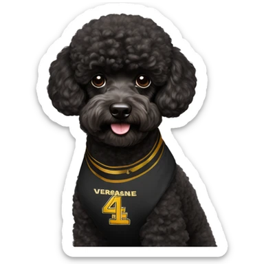 A black miniature poodle with a shaved face and a black collar with gold Versace emblems on it wearing an Arizona state #4 football jersey  sticker