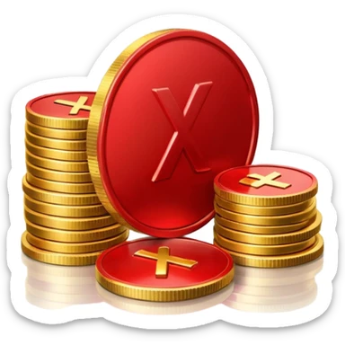 Apple emoji style, glossy 3D icon a red prohibition symbol (🚫) over a stack of shiny golden coins. The coins have soft reflections, rounded edges, and a small red X embossed on the top coin sticker