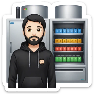 hackeur blanc cheveux noir barbe et capuche noir à côté d'un server sticker