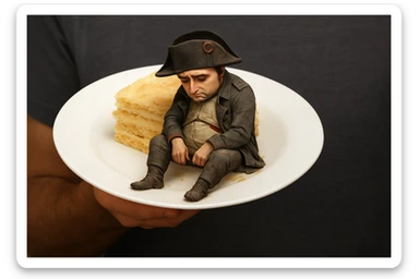 Сгенерируй мне такую же тарелку, в таком же расположение, но на ней сидит грустный наполеон бонапарт в чуть рваной одежде, как будто он повержен sticker