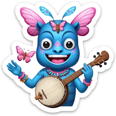 Pixar style little Blue and pink tiki singing with a butterfly and playing a banjo, ultra detailed and lifelike imagery, realistic sticker