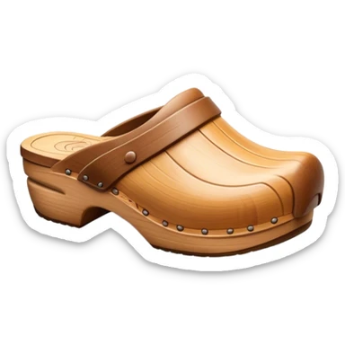 Cinematic Realistic Wooden Clogs Emoji, depicting the classic handcrafted footwear with a smooth, curved design and sturdy wooden soles, rendered with rich textures and warm, natural lighting. sticker