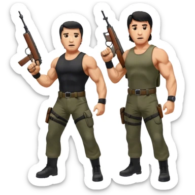 Icon for Action Movies: Arnold Schwarzenegger as John Matrix in Commando and Sylvester Stallone as John Rambo in Rambo, both in iconic action poses with weapons, intense expressions, and explosive backgrounds. Powerful and dynamic with dramatic lighting. Transparent background. sticker