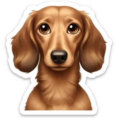 Light sandy brown long haired dachshund with dark brown ears and no fur on the ears more curly hair and very dark brown ears and a collar that says Andy sticker
