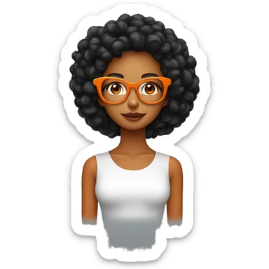 Mulher de cabelos  preto encaracolados na altura do ombro usando óculos de pele clara, com roupa laranja  sticker