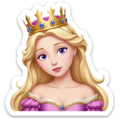 Cinematic Realistic Sleeping Beauty (Aurora) Portrait, with porcelain-like skin featuring a natural rosy flush, illuminated by soft lighting that highlights the gentle contours of her face. Her golden blonde hair flows in soft, detailed waves with subtle highlights that shimmer in the light. Her deep violet-blue eyes radiate warmth and innocence, framed by arched brows and long lashes. Her serene expression exudes quiet elegance. She is dressed in her classic pink gown, the fabric rich in texture with delicate folds that catch the light. A golden crown rests atop her head, gleaming with royal refinement. The portrait captures a soft, glowing aura, blending realism with an ethereal sense of beauty and timeless enchantment. sticker
