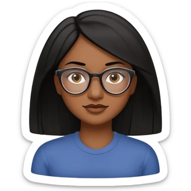A 35 years old  woman emoji with medium-dark skin, straight shoulder-length black hair parted to the side, an oval-shaped face, arched dark eyebrows, large brown eyes with glasses, a small nose, and natural-toned lips. sticker