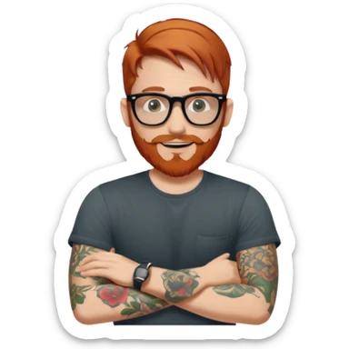 Svelte looking redhead man with sleeve tattoos and a beard and rayban glasses, 38 years old but younger looking sticker