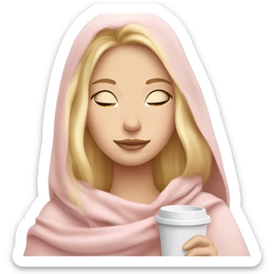 Blonde girl inside a light pink blancket sipping coffee eyes closed white skin blue eyes  sticker