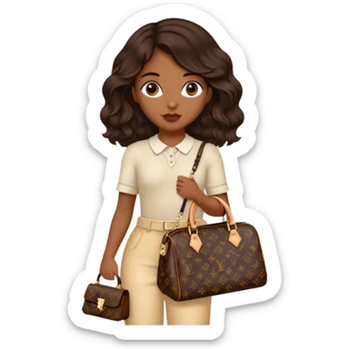  Brown girl with dark brown medium beach wavy hair carrying one Louis Vuitton purse on her arm while standing  sticker