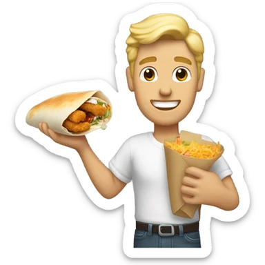 White guy with blonde pompadour hairstyle eating a burrito in one hand and chicken tenders in another sticker