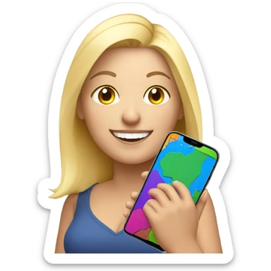 overweight blondie woman happy with a smartphone in hands showing colorfull charts sticker