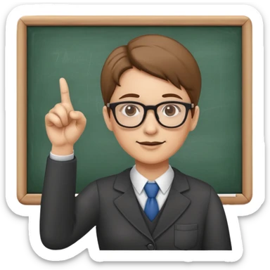 Teacher with glasses pointing at a chalkboard sticker