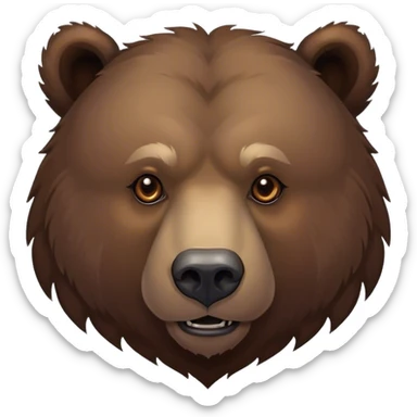 Cinematic Noble Grizzly Bear Portrait Emoji, Poised and regal, with a massive, powerful build and a thick, rugged deep brown fur, piercing deep-set soulful eyes, Simplified yet sharp and sophisticated features, highly detailed, glowing with a soft, dignified glow, high shine, intelligent and formidable, stylized with an air of untamed wilderness, focused and attentive, soft glowing outline, capturing the essence of a watchful and commanding guardian, so majestic it feels as though it could lumber out of the screen with effortless authority! sticker