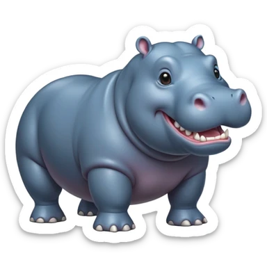 cinematic-hippo-realistic-full-body-side-view-standing-on-all-fours-emoji,-massive-round-frame,-wide-mouthed-grin-exposing-huge-teeth,-head-tilted-dramatically,-thick-greyish blue-hide-glossy, big cute eyes sticker