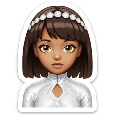 Left Eye from TLC with medium dark brown hair, white sequin outfit sticker