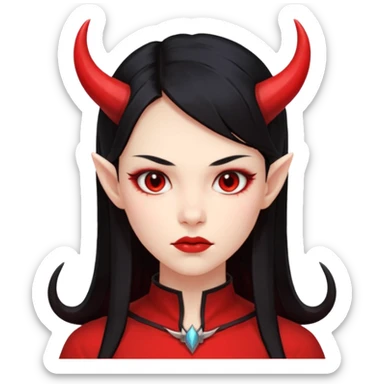Head only demon girl; face with pronounced cheekbones and angular jaw; skin is uniform pure red (#FF0000) everywhere; long straight smooth black hair; small horns sticker