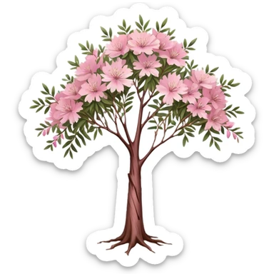 Cinematic Realistic Melaleuca Emoji, Elegant and resilient, with peeling, papery bark and delicate, needle-like leaves. The tree stands tall and graceful, with clusters of white and pink flowers dotting the branches. Soft glowing outline, capturing the essence of natural elegance and resilience in a beautiful melaleuca tree! sticker