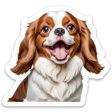 Cinematic Cute Yawning Blenheim Cavalier King Charles Spaniel Portrait Emoji, Head tilted slightly with a dramatic, wide-open yawn, soft Blenheim coat with delicate chestnut and white markings, floppy ears slightly drooping, round brown eyes barely open in drowsy contentment, Simplified yet irresistibly adorable features, highly detailed, glowing with a soft, cozy glow, high shine, relaxed yet expressive, stylized with a touch of whimsy, bright and endearing, soft glowing outline, capturing the essence of a sleepy yet affectionate companion, so drowsy it feels like it could stretch right out of the screen and curl up for a nap! sticker