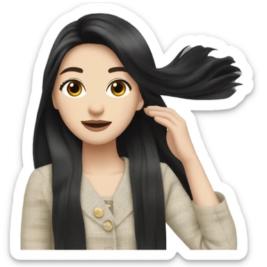 A very beautiful pale Asian girl with silky long black straight hair,waving in the wind,she wears headband and wearing chanel tweed sticker