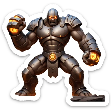 Cinematic Fierce Mighty Iron Golem Portrait Emoji Depicted mid-action in a dynamic, battle-ready stance, massive fists clenched, the ancient metallic plates along its form shifting with raw power. Its eyes blaze like molten fire within a carved, rune-etched face, exuding both divine purpose and mechanical precision. Weathered steel and dark bronze tones are accented by glowing, arcane inscriptions, each detail meticulously crafted with lifelike metallic reflections. High shine, imposing yet regal, styled with an air of indestructible might, soft glowing outline, capturing the essence of an unstoppable colossus that looks ready to charge forth with a thunderous step! sticker