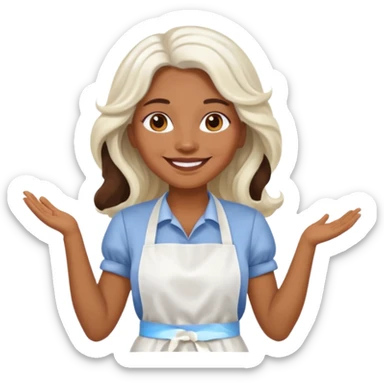 woman, brown skin, white long wavy hair, with apron sticker