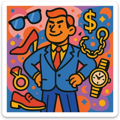 A leader figure standing proudly, encircled by luxury goods such as designer footwear, sunglasses, gold jewelry, and luxury watches, vibrant colorful style sticker