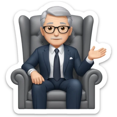 elderly businessman sitting in an armchair, wearing a formal suit and tie, gray hair, confident wise expression, corporate boss vibe, 3D cartoon style, mobile game icon style, clean background, no text, no watermark
 sticker