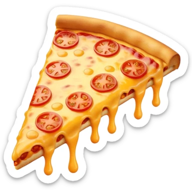 A cute 3D emoji-style pizza slice with glossy finish, thick melted cheese, golden crust, vibrant toppings, smooth cartoon design, soft lighting, clean background, high-quality modern emoji look. sticker