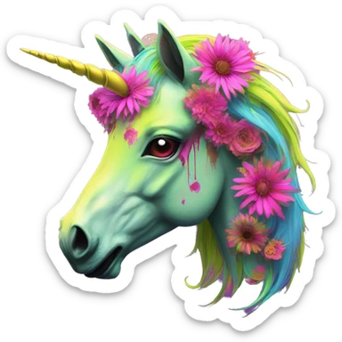 Zombie Pegasus unicorn psychedelic flowers floral groovy art neon rave raving sticker