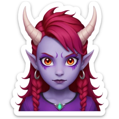 Demon Girl Purple Skin Dragon Horns Black Eyes Red Glowing Pupils Auburn Haired Red Shirt  sticker