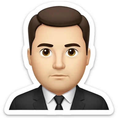 Very fuller-figured businessman with light brown complexion, pear-shaped face with wider jawline, professional demeanor, dark eyes, thick eyebrows, wide nose, short neat beard, short dark hair, wearing a black formal shirt sticker