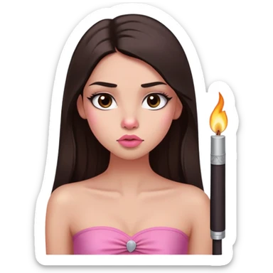 girl with lighter skin, dark brown long straight hair, pouty shiny lips without cupid's bow, large eyes, lighter button nose, long oval-shaped face, wearing a pink bandeau top with straight neckline sticker