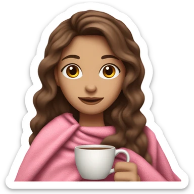 girl inside a pink blanket holding coffee , brunette long wavy hair, with fair skin sticker