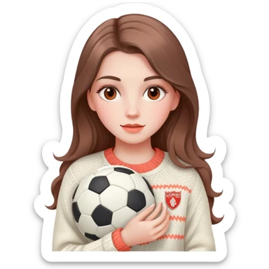 pale girl with soft and long brown hair and makeup with coral colors, holding a soccer ball, wearing ivory and trendy knitwear sticker