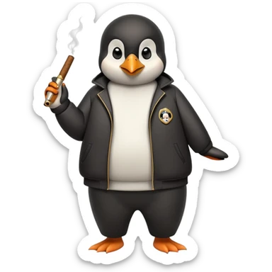 friendly anthropomorphised penguin wearing a mafia-style tracksuit, holding a cigar, secretive scheming pose, soprano vibe sticker