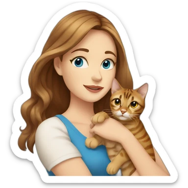 a beautiful girl with blue eyes and brown hair is holding a Bengal cat with yellow eyes in her arms sticker