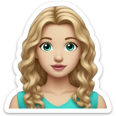 white girl with long wavy light brown hair HAZEL eyes, round face, divet in chin, pink lip gloss turquoise top sticker