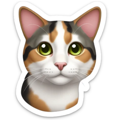 young striped calico cat face with a pink nose, white chin, green eyes, and orange/brown markings sticker