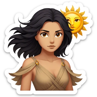 Cinematic Stunning Pocahontas Portrait Emoji, Windswept raven hair flowing behind her, deep brown eyes filled with wisdom and strength, glowing sun-kissed skin, wearing her elegant tan dress, the spirit of the wild in her expression, breathtakingly majestic! sticker