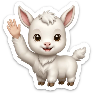 Chibi baby goat with a joyful expression, waving hello with one hoof, simple clean chibi stickers style, designed for a small emote, white background. Make sure that the hoof is not a hand. sticker