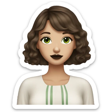 A beautiful women, with brown hair and curtain bangs, green eyes, dark feminine vibes and a little bit darker lipstick, showing her white nails  sticker