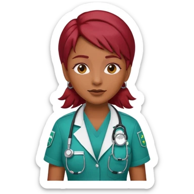 medium brown skin tone woman emoji with red burgundy hair in a paramedic outfit with a stethoscope around neck sticker