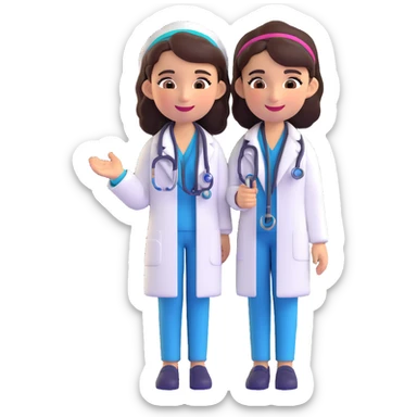 cute Mexican doctor girl, smiling, wearing white coat, stethoscope, colorful accessories, warm friendly expression, 3D cartoon style sticker