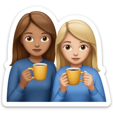 sisters drinking coffee brown hair and lighter skin and blonde hair sticker