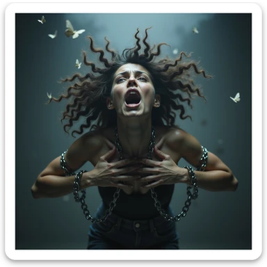 A hyperrealistic 4K image of a woman in zero gravity with tangled and wild hair, chains of worry constricting her arms and chest, face contorted with anxiety, butterflies barely escaping, cold dramatic lighting, intense anxious mood. sticker