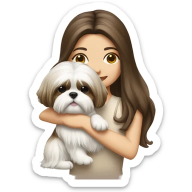 brunette girl hugging cream long hair shih tzu with bow on head  sticker